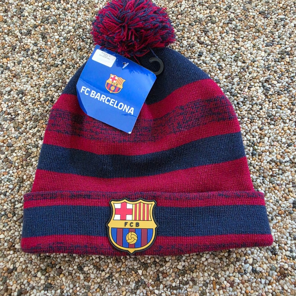 FC Barcelona Beanie Hat Navy Blue Red Striped Pom Pom Soccer Fan Gear